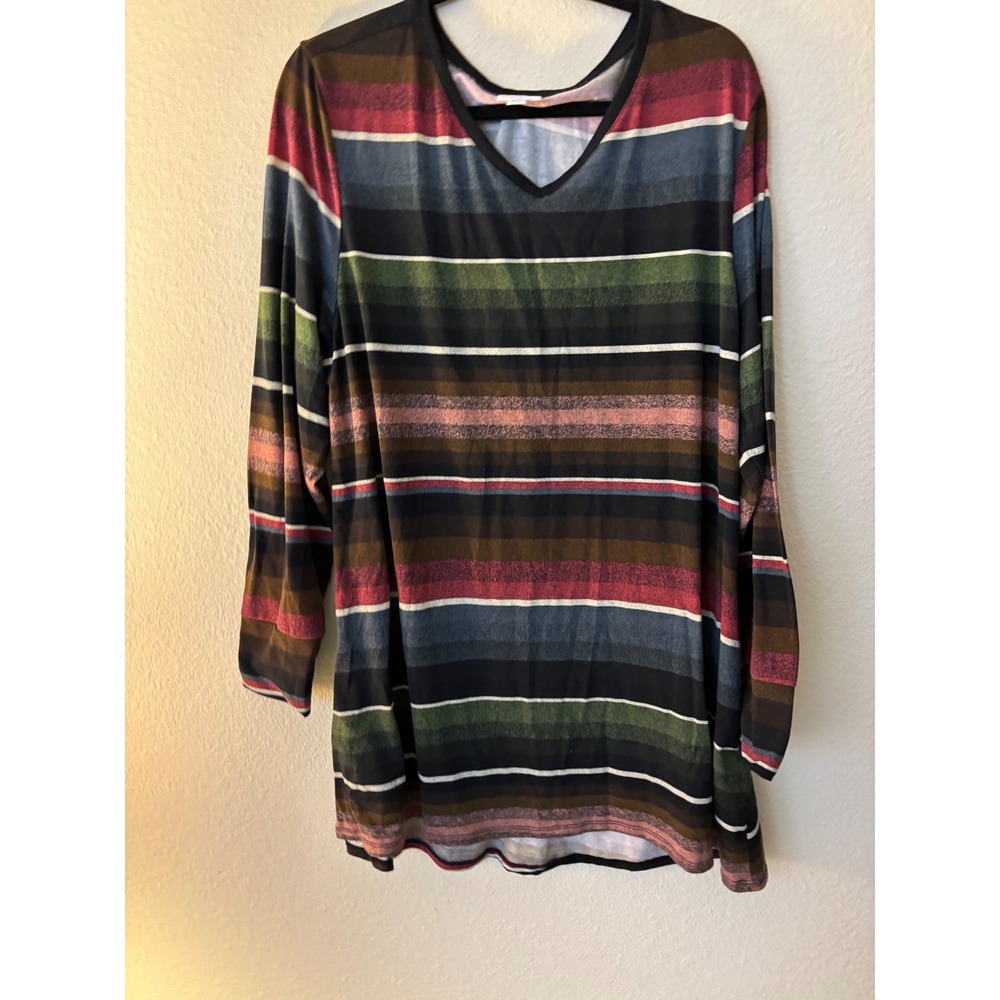 LuLaRoe XL Tunic Top Womens V-Neck Long Sleeve Multi Color Striped Knit T-Shirt